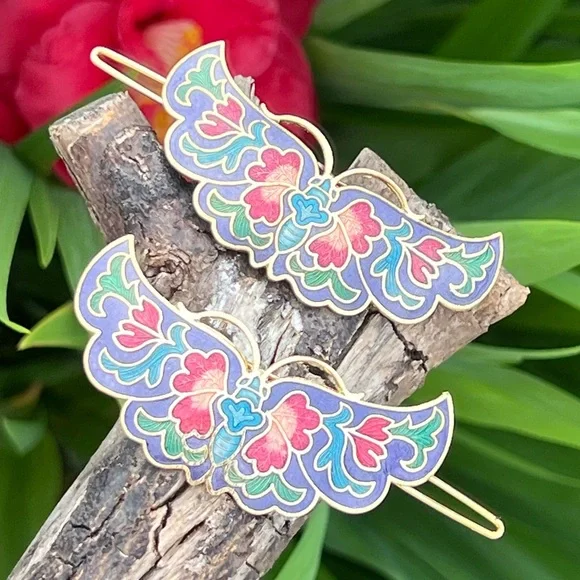Vintage Cloisonné Enamel Butterfly Hair Barrettes – Set of 2